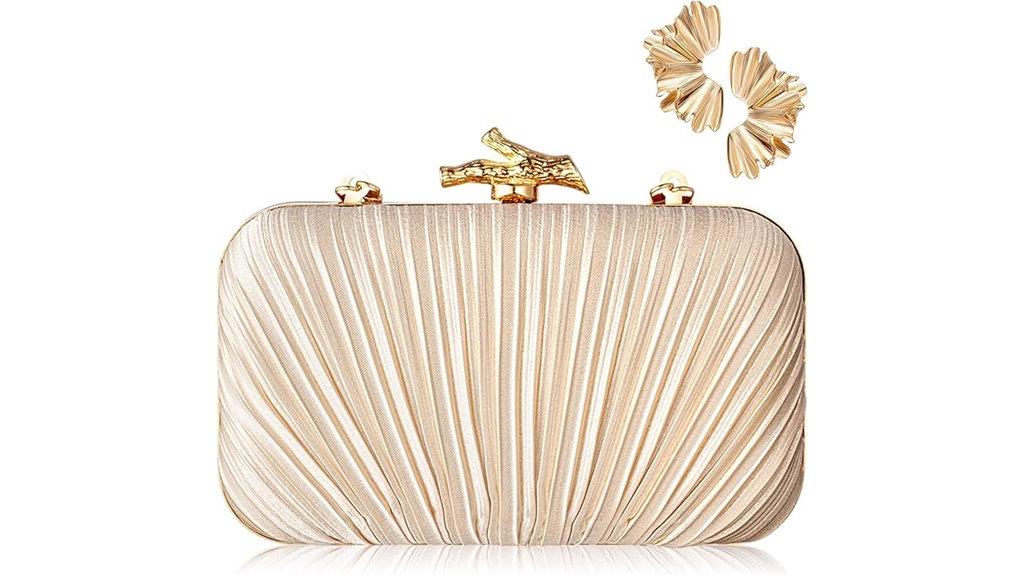 gold clutch with leaf earrings