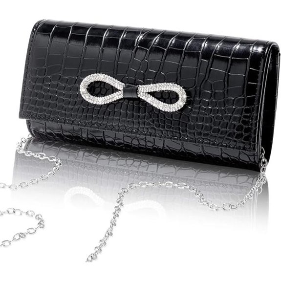 Larcenciel Black Crocodile Evening Clutch with Rhinestone Bow