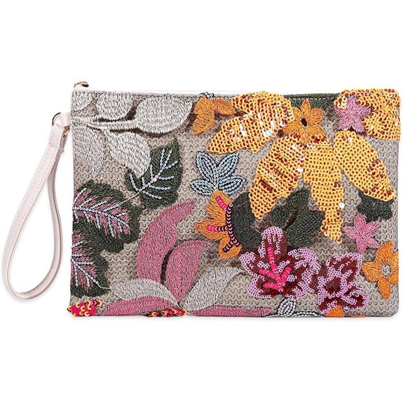 Embroidered Floral Clutch Bag with Leather Wrist Strap