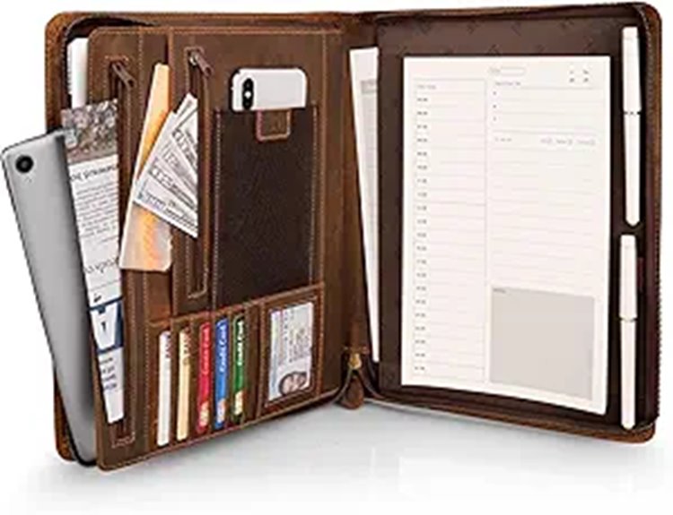 Luxury Leather Portfolio with Zipper and Notepad Holder