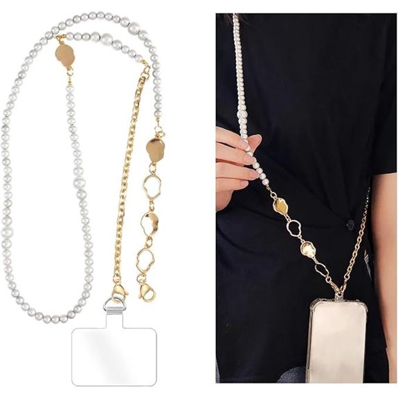 Pearl Beaded Phone Lanyard with Metal Chain