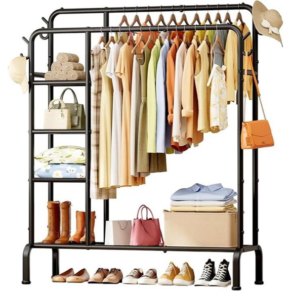 Double-Rod Clothes Rack with Hooks & Shelves