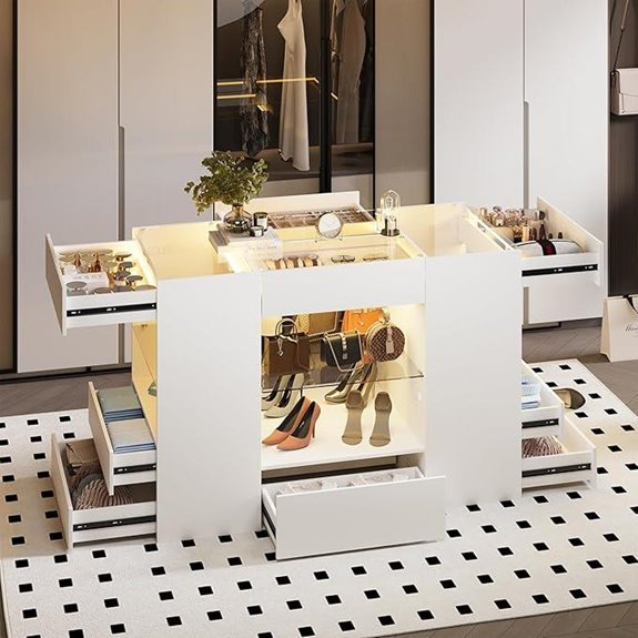 Modern White Closet Island with Drawers and Glass Top