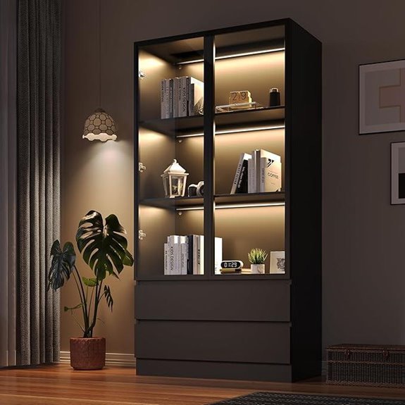 Wooden Glass Display Cabinet with Drawers and LED Lights