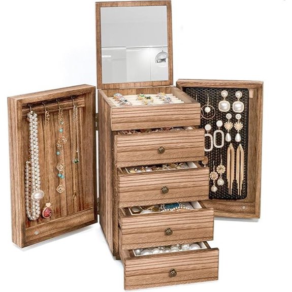 Meangood Wooden Jewelry Box with Mirror and Drawers